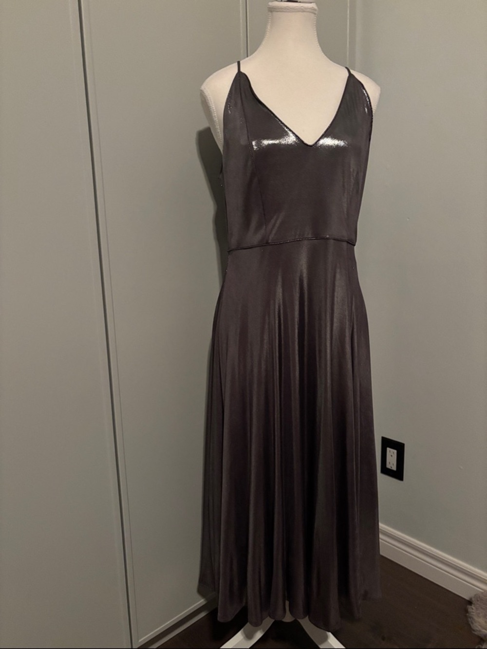 Halston Heritage Gunmetal Metallic V-Neck Midi Dress